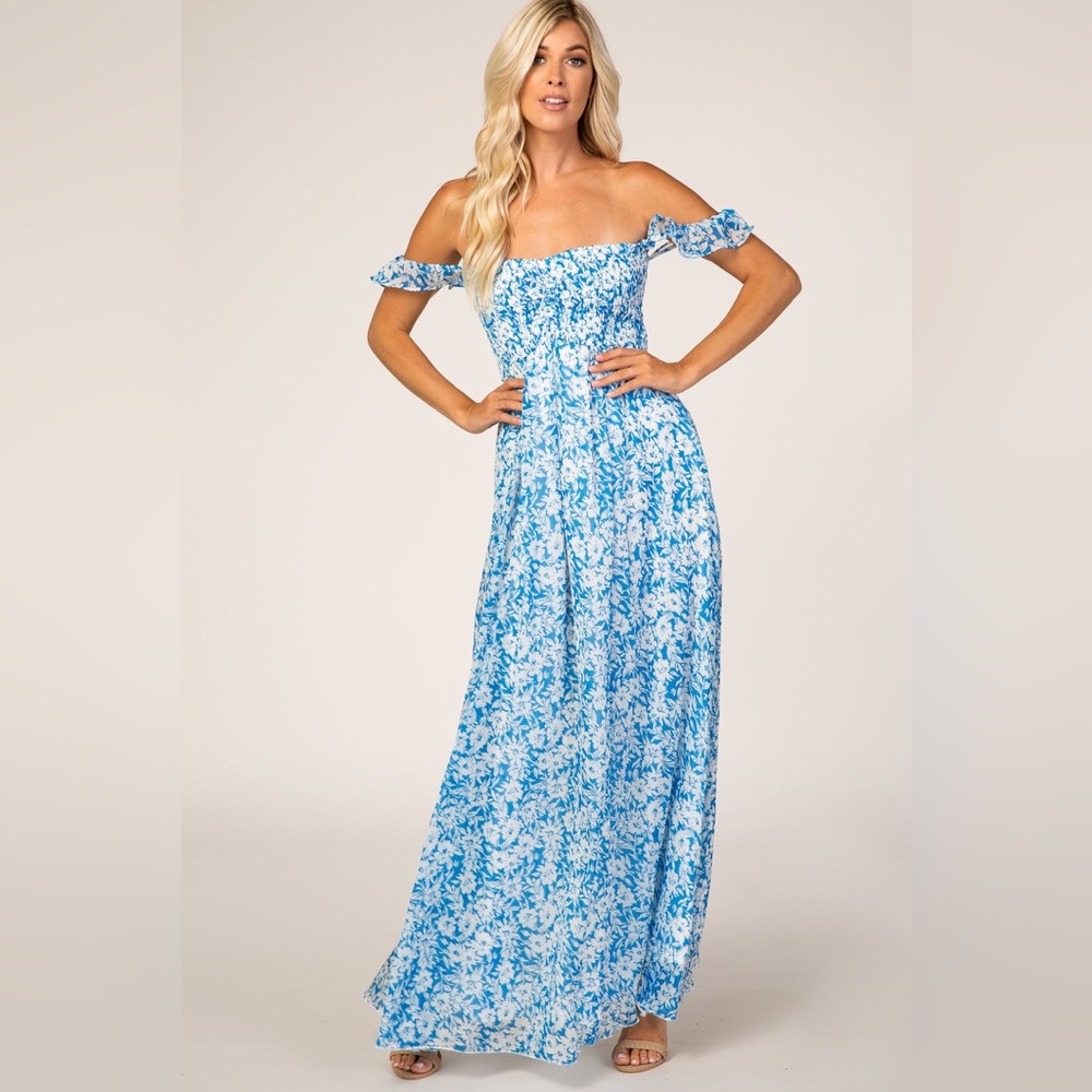 Pinkblush Maternity Floral Chiffon Sweetheart Off Shoulder Maxi Dress